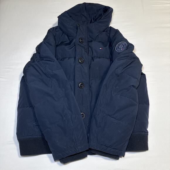 Tommy Hilfiger Mens Large Puffer Jacket Hooded Winter Coat Logo Patch Navy Blue - Picture 14 of 16